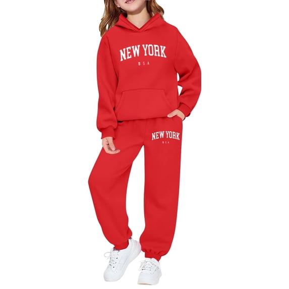 WOYY Tracksuits for Girls New York Printed Pullover Hoodie Sweatpants Outfits Kids 2Pcs Set, Sizes 2-14