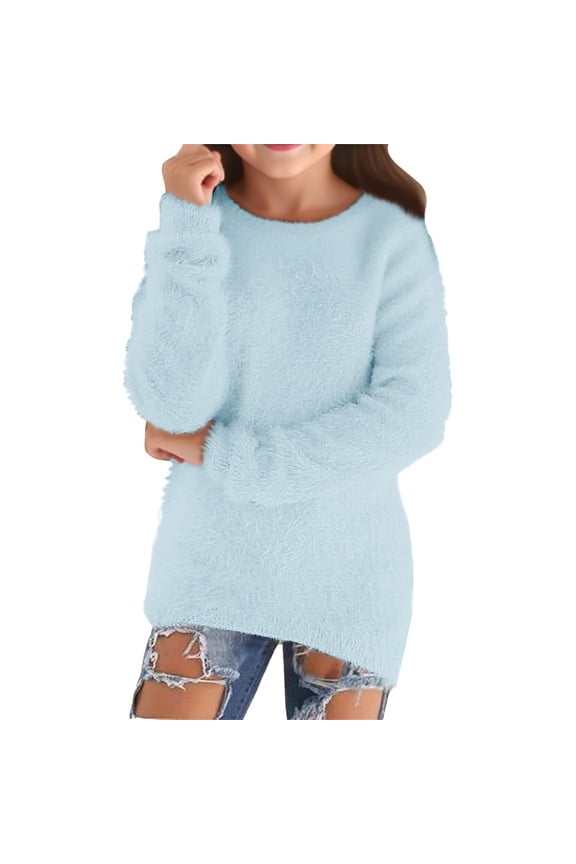 Tween Girls Sweater Solid Fuzzy Crew Neck Pullover Knitwear Cozy Sweater