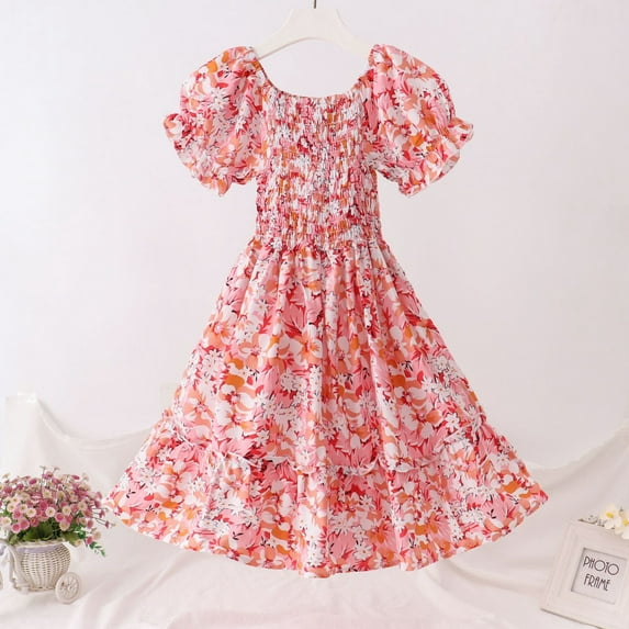 WOYY Tween Girls Floral Tiered Dress Short Puff Sleeve Summer Beach Dress, Sizes 8-17