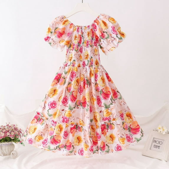 WOYY Tween Girls Floral Tiered Dress Short Puff Sleeve Summer Beach Dress, Sizes 8-17