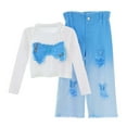 thumbnail image 1 of WOYY Tween Girls Outfit Sets Long Sleeve Bow T-Shirt Ripped Jeans Set, Sizes 11-12, 1 of 3