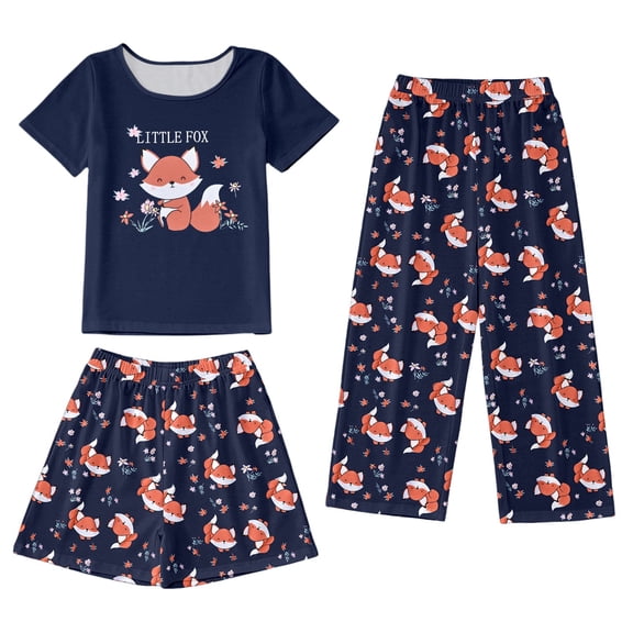 WOYY Tween Girls Outfits 3Pcs Sleepwear Set Cute Print Short Sleeve T Shirt Shorts Pants Homewear, Sizes 11-12