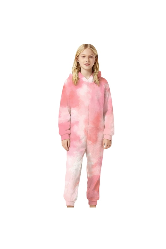 Tween Girls Outfits Flannel Union Suit Sleepwear Set Tie Dyed Hooded Jumpsuit, Sizes 11-12