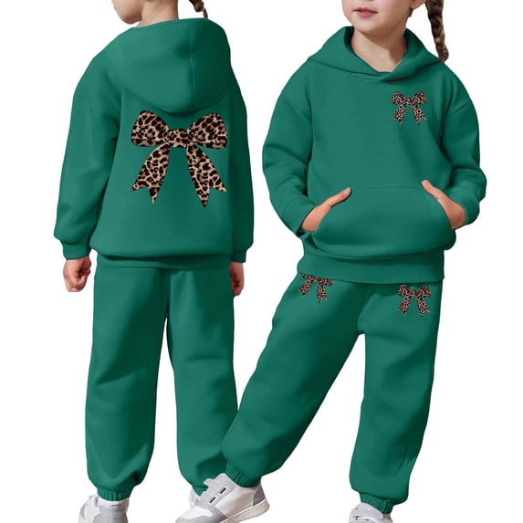 WOYY Tween Girls' Outfits Leopard Bow Print Hoodie Sweatpants Sweatsuits, Sizes 12-13