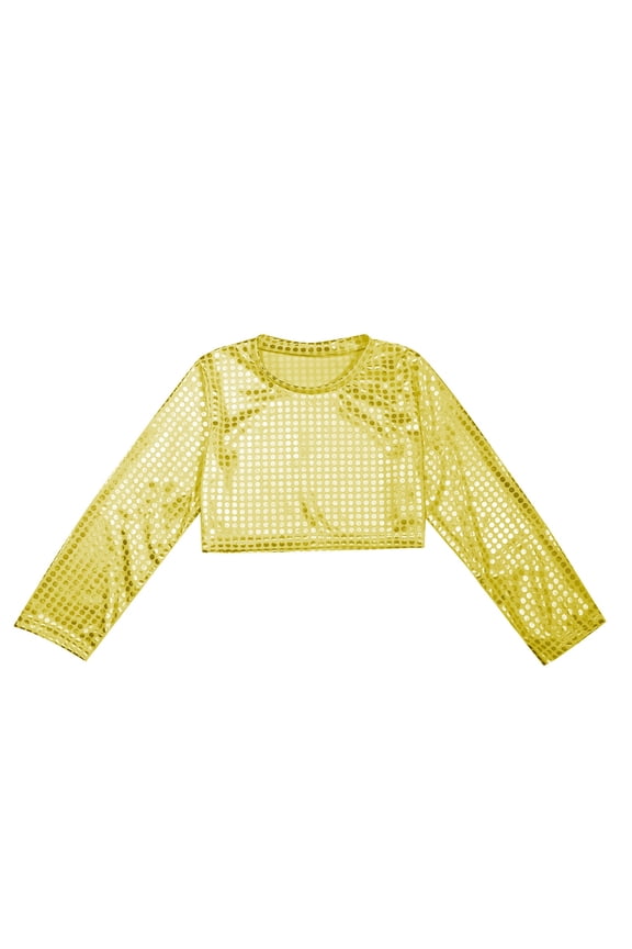 Tween Girls Sequin Crop Top Long Sleeve Crewneck T-Shirt Shiny Dance Performance