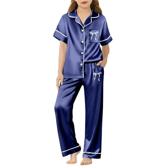 WOYY Tween Girls Silk Satin Pajamas Short Sleeve Button Down Shirt Pants Sleepwear, Sizes 11-12