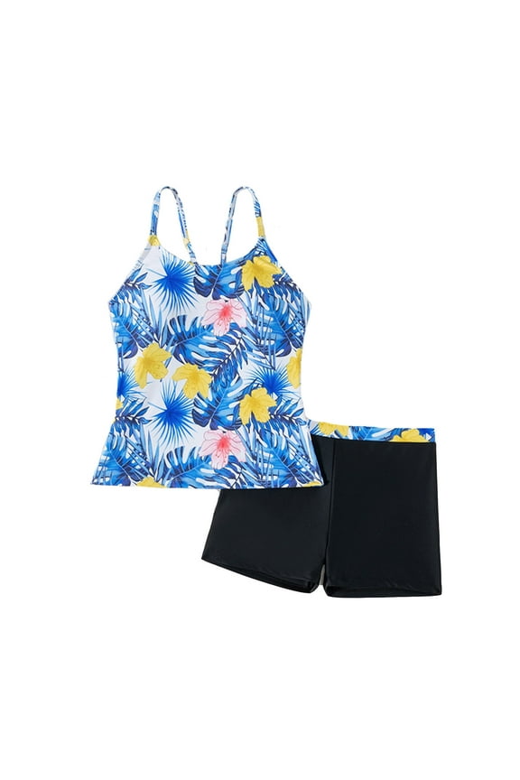 Tween Girls Tankini Swimsuit Tropical Print Quick Drying Bathing Suit with UPF50+