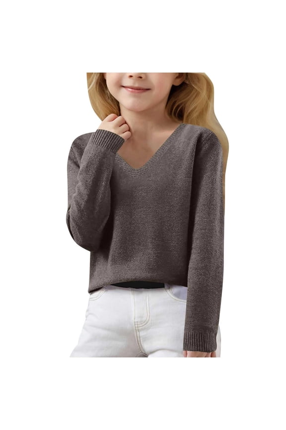 Tween Girls V Neck Knit Sweater Solid Long Sleeve Pullover Undershirt, Sizes 12-13