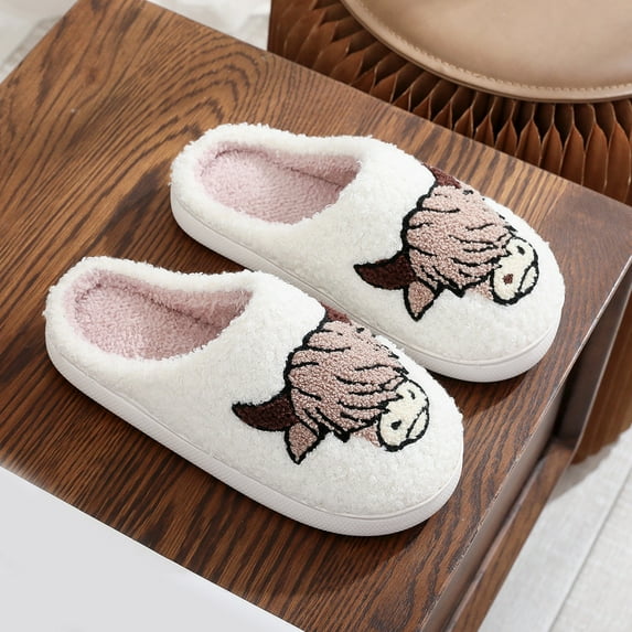 WOYY Winter Furry Slippers For Women Cute Cow Print Warm Comfort Indoor House Shoes