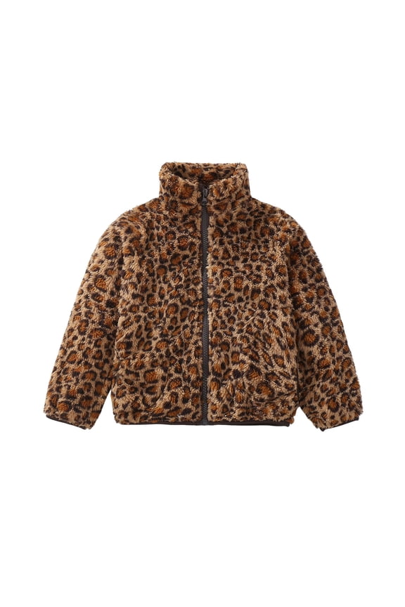 Winter Girls Leopard Jacket Stand Up Collar Zip Up Coat Fleece Fuzzy Outerwear, Sizes 6-7