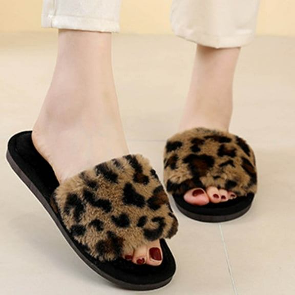 WOYY Women's Fuzzy Slippers Winter Open Toe Slide Slippers Indoor Non Flat Shoes