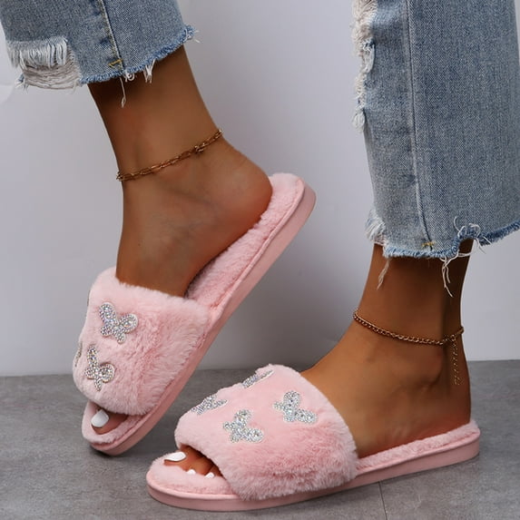 WOYY Women's House Slippers Rhinestone Decorative Open Toe Comfortable Flat Home Shoes