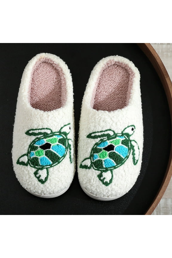 Women's Winter Slippers Turtle Embroidery Warm Slippers Cute Comfort House Shoes