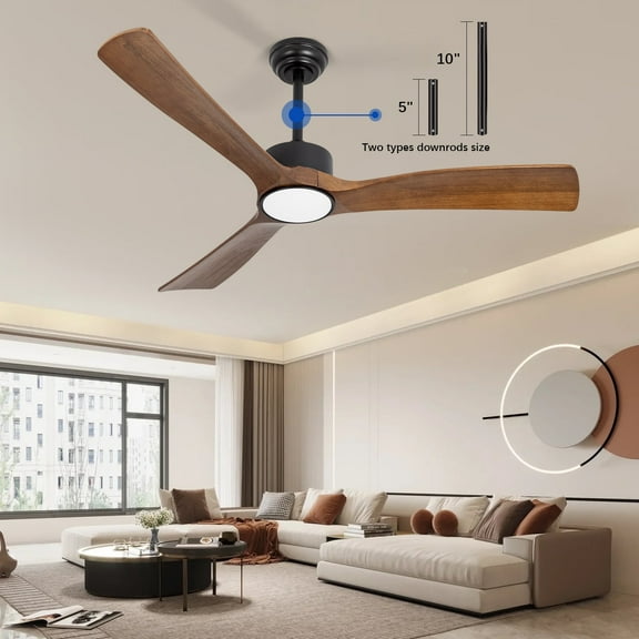 WOZZIO 52 inch Ceiling Fans with Light and Remote Control,3 Dark Brown Solid Wood Blades, Home