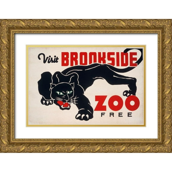 WPA 32x23 Gold Ornate Wood Framed with Double Matting Museum Art Print Titled - Brookfield Zoo - Panther