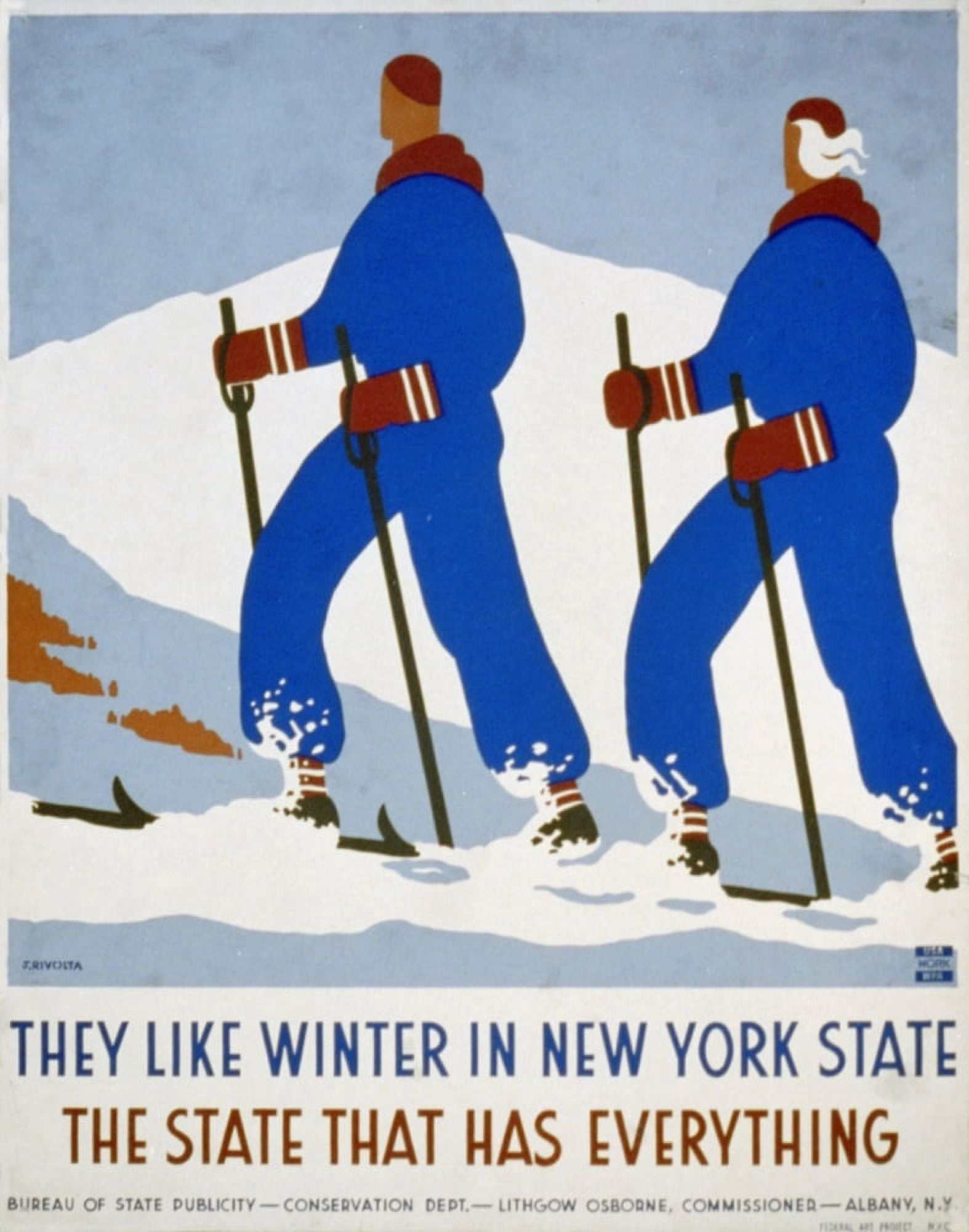 WPA They like Winter in New York State c1936-41 (skiing) Canvas Art - Jack Rivolta (18 x 24)