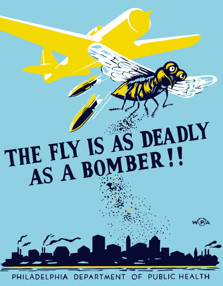 WPA propaganda poster of a bomber plane and a fly dropping germs Canvas Art - John ParrotStocktrek Images (13 x 16)