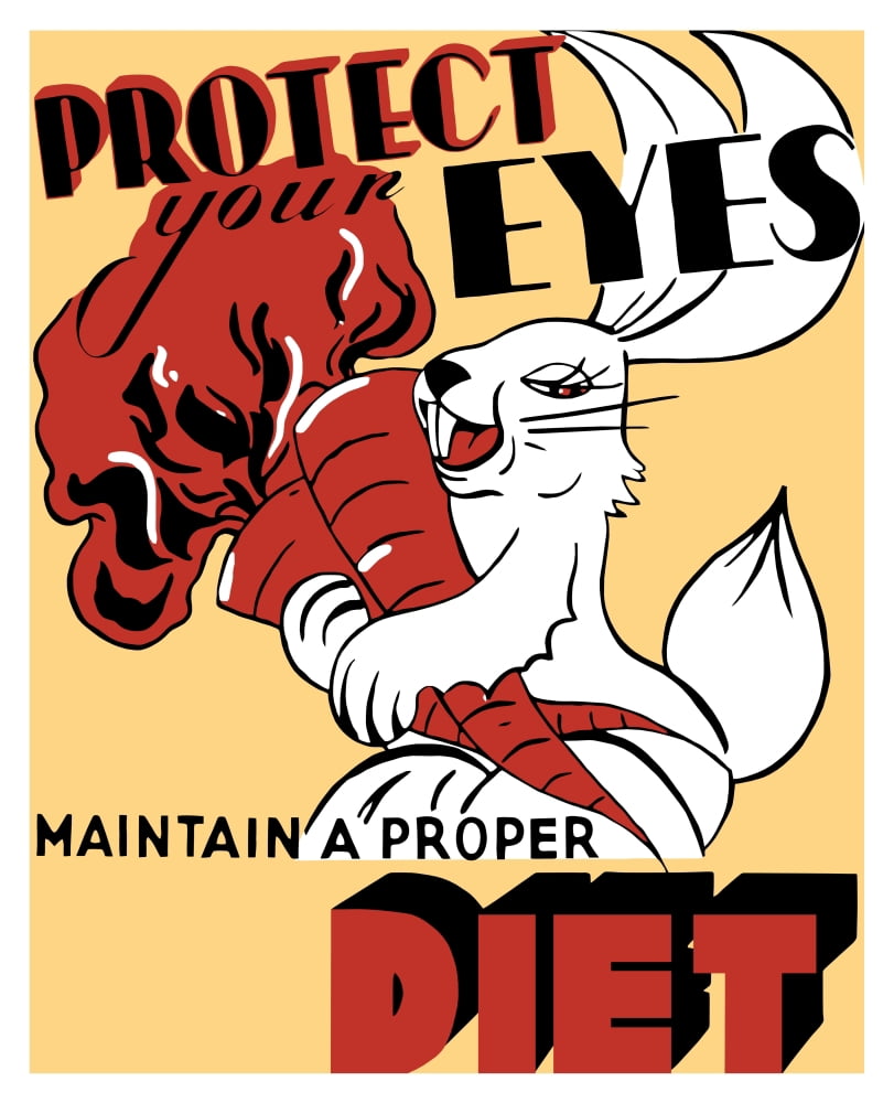 WPA propaganda poster of a cartoon rabbit holding two large carrots Canvas Art - John ParrotStocktrek Images (13 x 16)