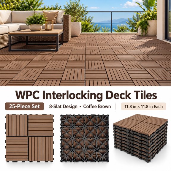 Ybawq 11.8 in 8-Slat Composite Interlocking Deck Tiles, Coffee Brown, 25 Pack