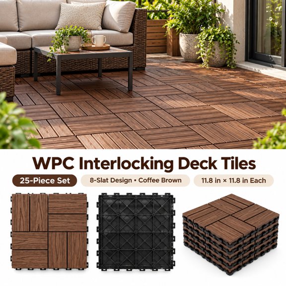 Ybawq 11.8 in 8-Slat Composite Interlocking Deck Tiles, Coffee Brown, 25 Pack