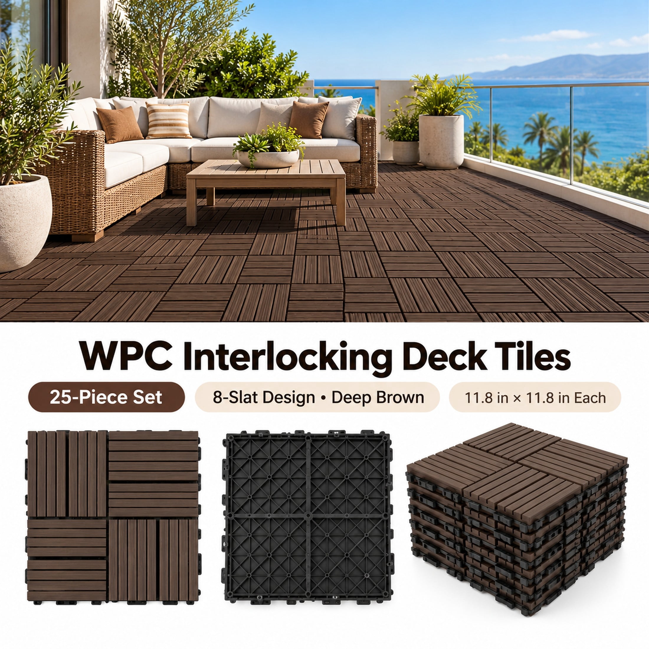 Ybawq 11.8 in 8-Slat Composite Interlocking Deck Tiles, Deep Brown, 25 ...