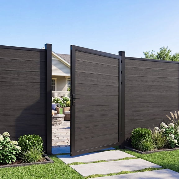 WPC Single Gate 3FT x 6FT with 8FT Post, Wood Plastic Composite Privacy Gate with Metal Frame & Hardware Kit for Garden, Backyard and Outdoor Fence, Black