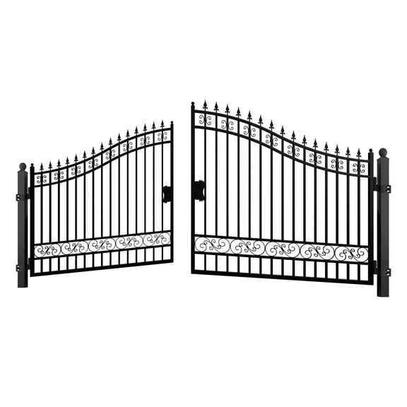 Chery Industrial 16Ft Dual Swing Iron Gate with Posts, Classic Design for Driveway and Outdoor Security, Black