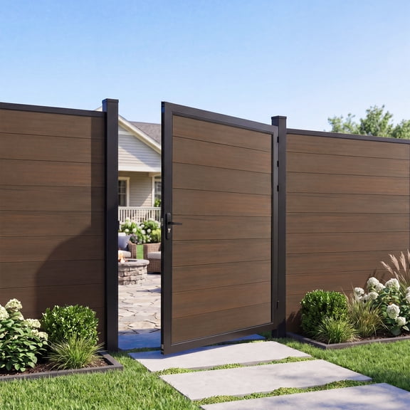 WPC Single Gate 3FT x 6FT with 8FT Post, Wood Plastic Composite Privacy Gate with Metal Frame & Hardware Kit for Garden, Backyard and Outdoor Fence, Walnut