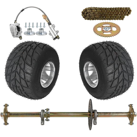 WPHMOTO 2PCS Rear 11x7.10-5 5in Racing Wheels Tire Rim, 11x7.10x5 Rain Tire 3 Stud + 32in 810mm Rear Axle Shaft Kit with Brake Master Cylinder Assembly for Go Kart Quad Trike Golf Carts Lawn Mower