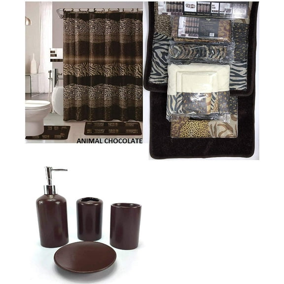 WPM 22 Piece Floral Ceramic Bath Accessories Sets, Coffee Brown