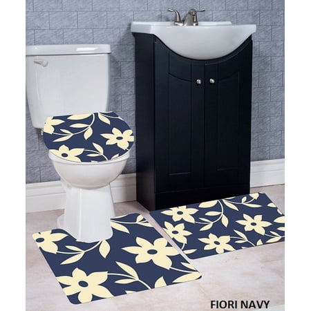 WPM 3 Piece Bath Rug Set FIORI Pattern Bathroom Rug (20"x32")/large Contour Mat (20"x20") with Lid Cover (Navy)