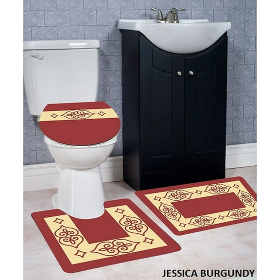 WPM 3 Piece Bath Rug Set JESSICA Pattern Bathroom Rug (20"x32")/large Contour Mat (20"x20") with Lid Cover (Burgundy)