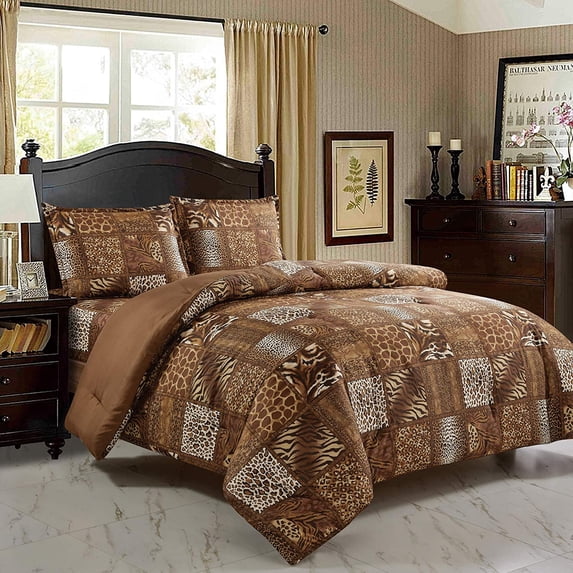 WPM 3-Piece Jungle Forest Animal Brown Comforter Set, Queen