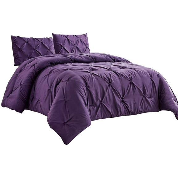 WPM 3 Piece Microfiber Comforter Set Pinch Pleat Pintuck Down Alternative Bedding - All Season Purple Bedroom Decor- JN1