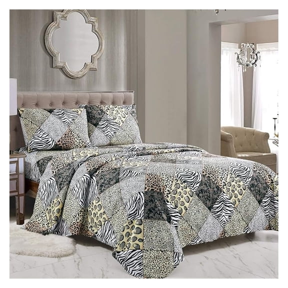 WPM 4 Piece Animal Print Sheet Set, Black White Gray Leopard Zebra Giraffe Forest Theme Flat Fitted Sheets with Pillow Sham King Size Bedding- Design (Black, King)
