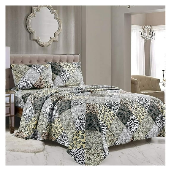 WPM 4 Piece Animal Print Sheet Set, Black White Gray Leopard Zebra Giraffe Forest Theme Flat Fitted Sheets with Pillow Sham King Size Bedding- Design (Black, King)