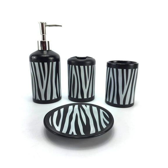 WPM 4 Piece Ceramic Bath Accessory Set Black White Zebra Animal Print Bathroom Soap or Lotion Dispenser w/ Toothbrush Holder, Tumbler, Soap Dish