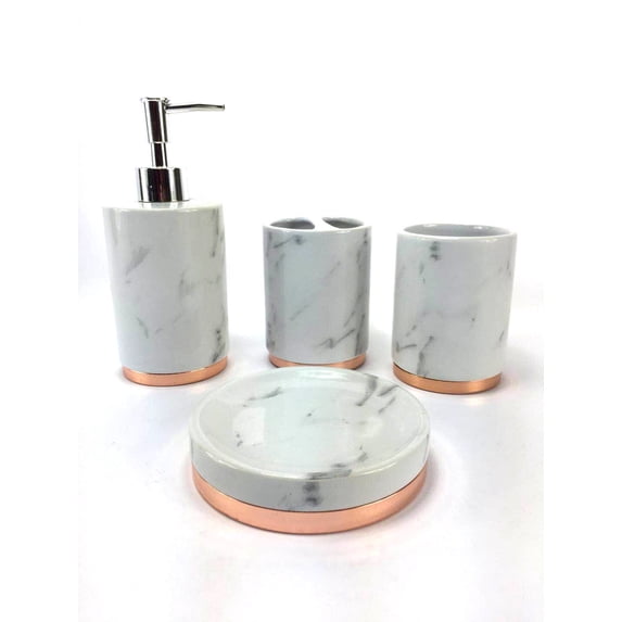 WPM 4 Piece Marble Ceramic Bath Accessories Sets, Off-White