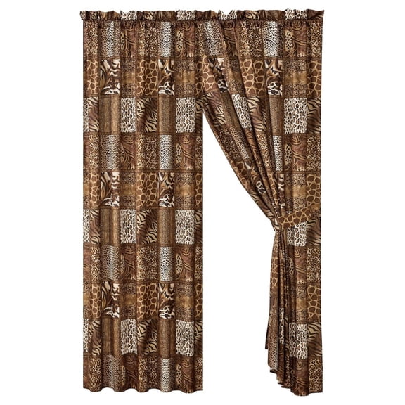 WPM 4 Piece Safari Animal Print Window Curtain Set, Chocolate Brown Leopard Zebra Giraffe Print Rod Pocket Panels with Tie Backs- Safari Design (Brown)