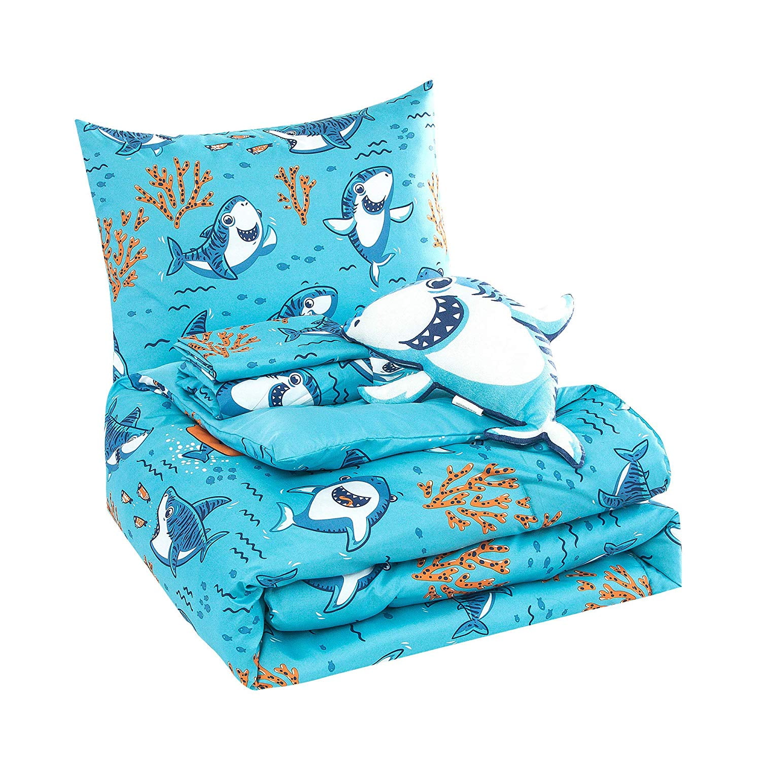WPM 5 Piece Sky Blue Ocean Sea Life Shark Print Full Size Comforter Set
