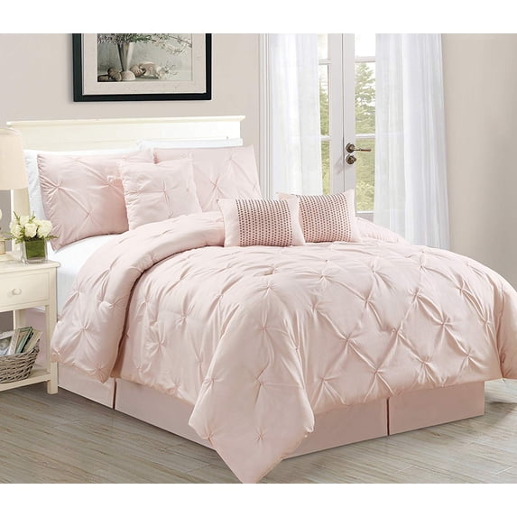 WPM 7 Piece Luxurious Pinch Pleat Decorative Pintuck Comforter Set - All Season Rose Bedding (Queen)