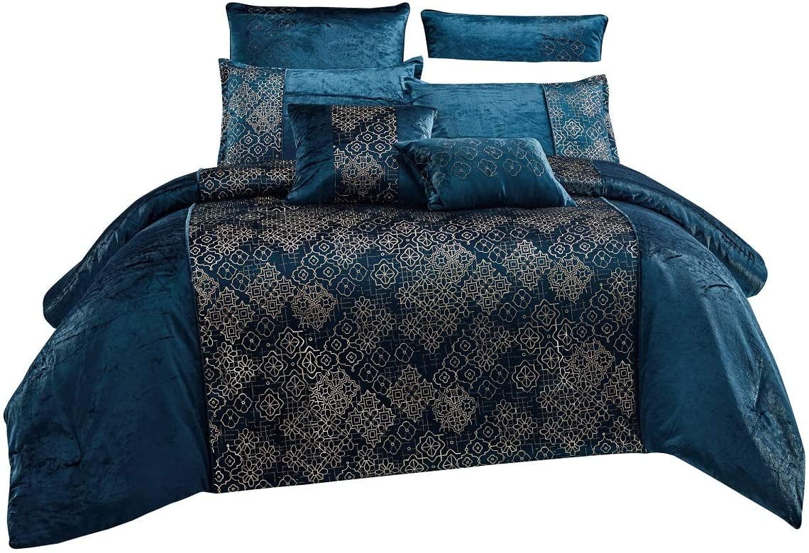 WPM Glam 7-Pieces Teal Blue Gold Comforter Bed in a Bag, Queen