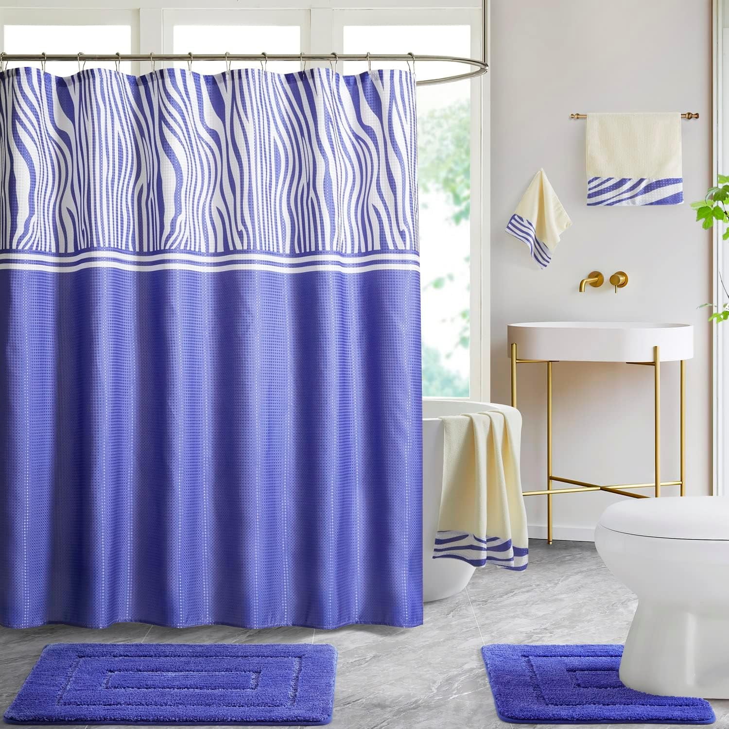 WPM Bathroom Rugs and Shower Curtain Set. Blue Sage Luxury Absorbent ...