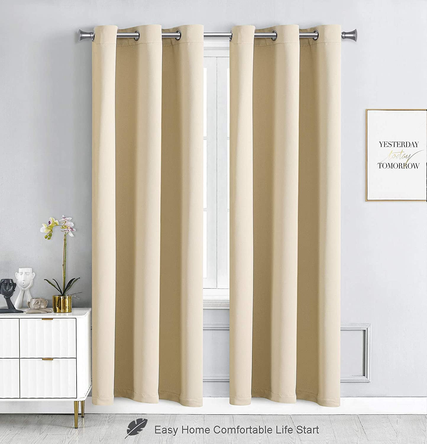 WPM Blackout Curtain Room Darkening Panels/Drapes for Living Room, Beige Thermal Insulated Grommet Bedroom Window Draperies&nbsp;84 inch