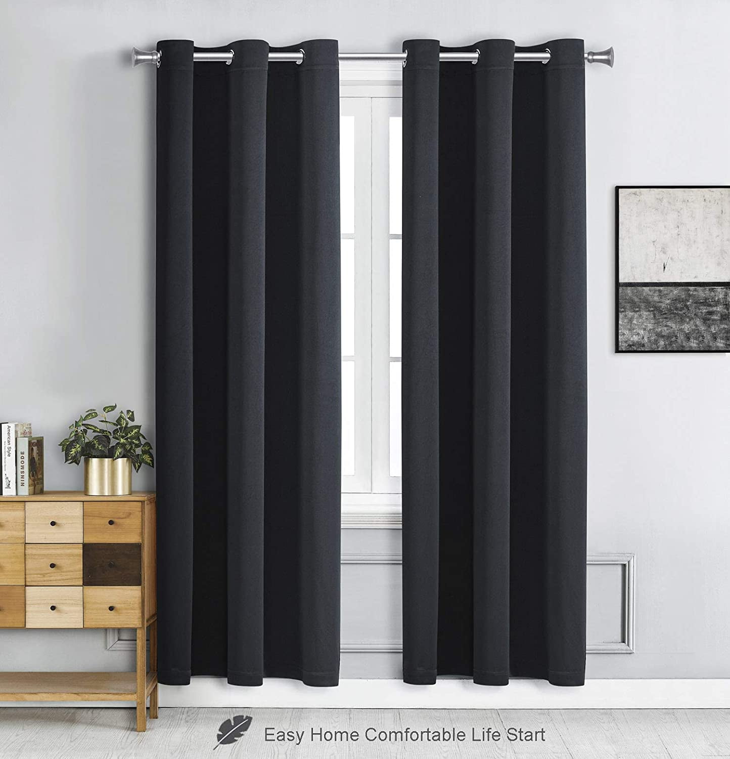 WPM Blackout Curtain Room Darkening Panels/Drapes for Living Room, Black Thermal Insulated Grommet Bedroom Window Draperies&nbsp;84 inch