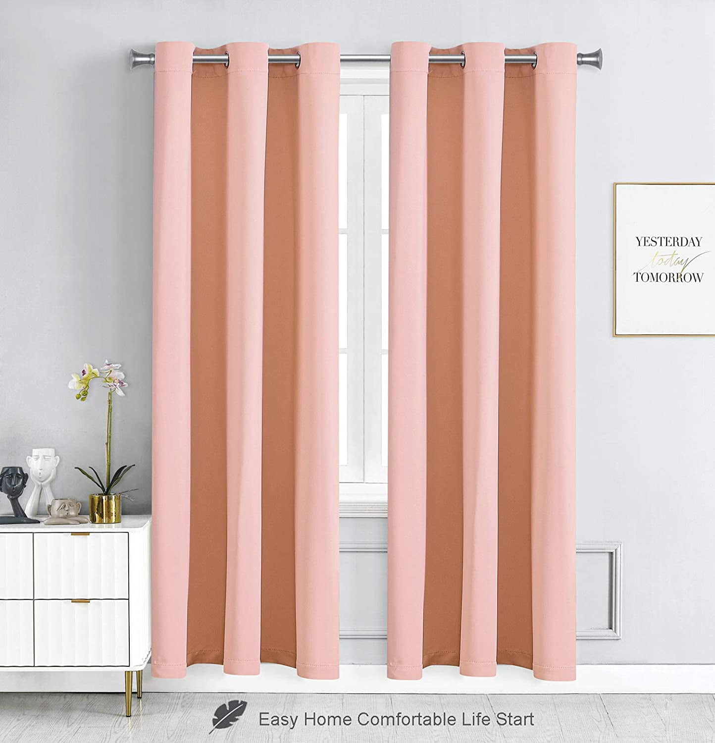WPM Blackout Curtain Room Darkening Panels/Drapes for Living Room, Blush Pink Thermal Insulated Grommet Bedroom Window Draperies 84 inch