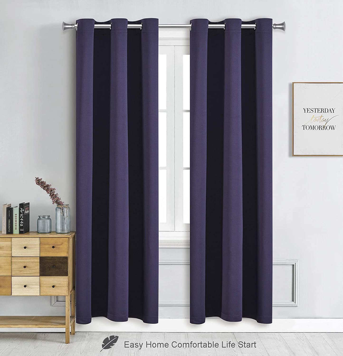 WPM Blackout Curtain Room Darkening Panels/Drapes for Living Room, Dark Purple Thermal Insulated Grommet Bedroom Window Draperies 63 inch
