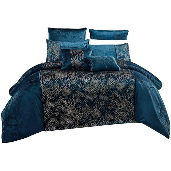 WPM Glam 7-Pieces Teal Blue Gold Comforter Bed in a Bag, Queen