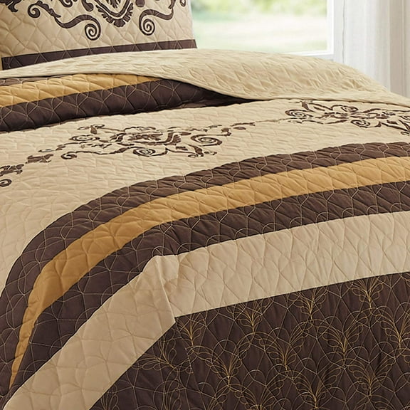WPM Glam Beige Printed Microfiber Polyester Bedspread, Queen (3 Count)