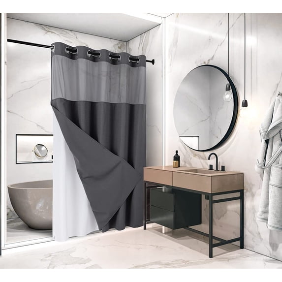 WPM No Hooks Required Grey Shower Curtain with Snap-in Liner Waffle Weave Design, Hotel Grade Style Waterproof & Washable, Mesh top Window Easy Snaphook Gray Bathroom Size 72 inch wide x 86 inch long